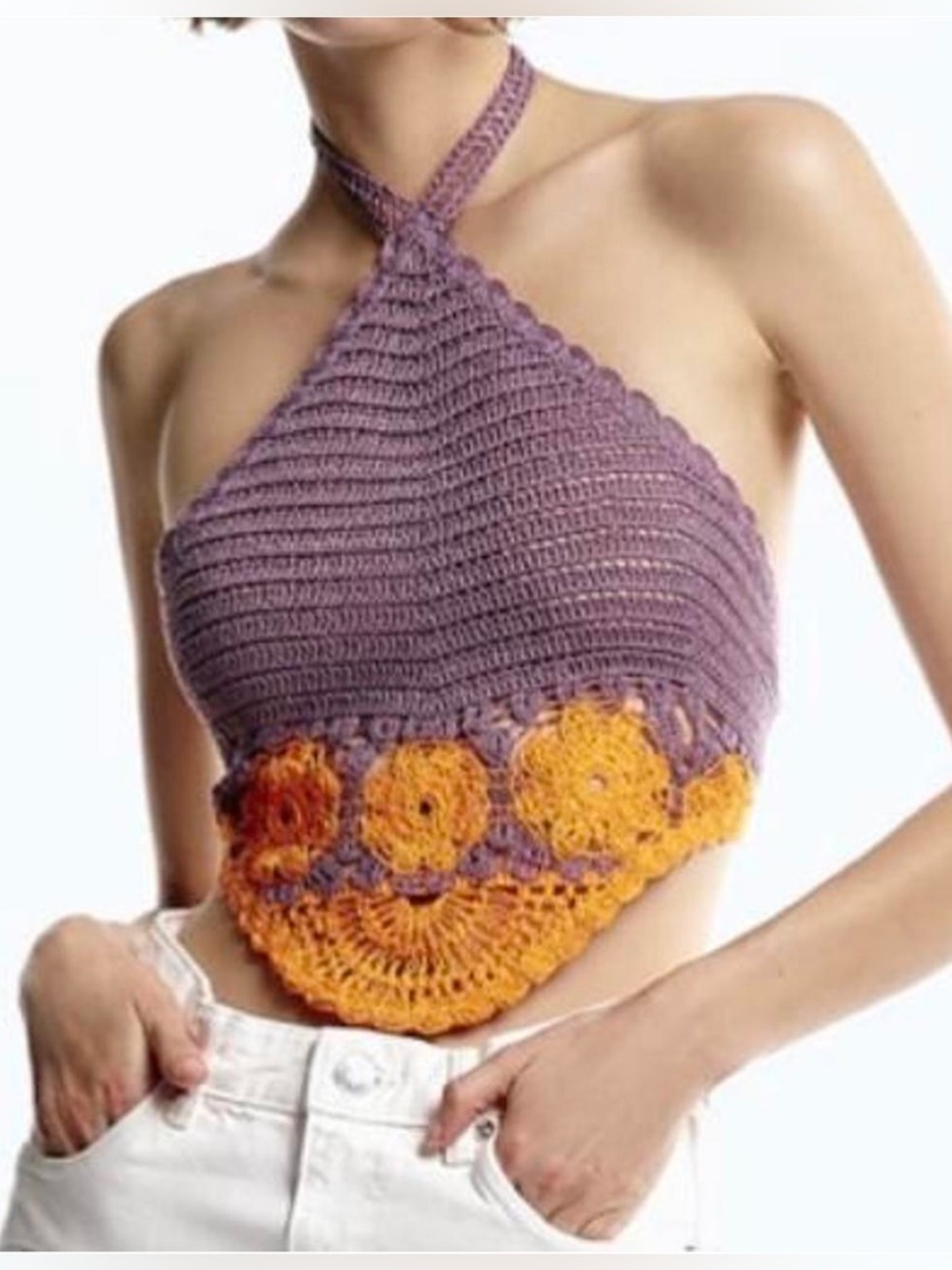 Zara Crochet Halter Top Purple Orange Floral Boho Festival Size S